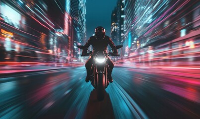 Wall Mural - Motorcycle rider speeding through neon-lit city streets at night, showcasing dynamic motion and urban energy