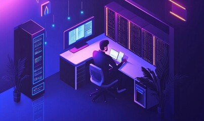 Poster - data analysis workstation with server racks, computer monitor, and programmer working in a futuristi