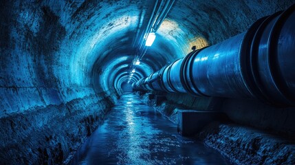 Poster - A dark, surreal underground tunnel featuring glowing pipes, bathed in soft blue light, offering a sense of mystery and innovation.