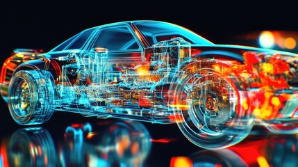 Poster - A detailed holographic visualization of a vehicle braking system, offering an in-depth view of its complex internal structure and technology.v