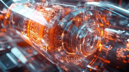 Poster - A detailed holographic visualization of a vehicle braking system, offering an in-depth view of its complex internal structure and technology.v