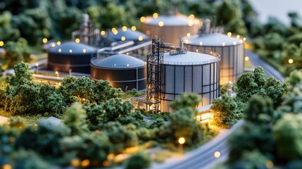 Poster - A detailed miniature model of a modern industrial plant, featuring large storage tanks surrounded by lush greenery, showcasing sustainable design principles.