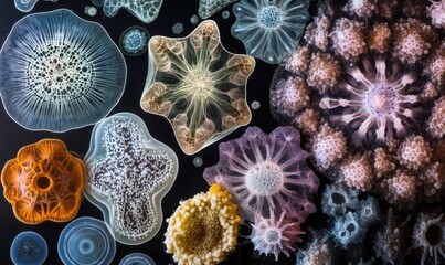 Poster - Intricate Microscopic Life Forms Displaying Diverse Shapes and Colors, Featuring Radiolarians, Diatoms, and Other Protists
