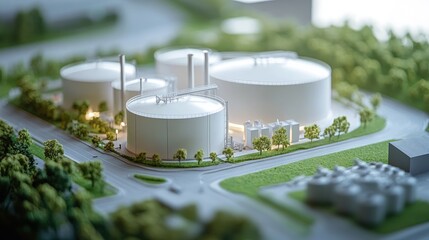 Aufkleber - A detailed miniature model of an industrial facility with large storage tanks, surrounded by green landscaping, showcasing modern, eco-friendly design.
