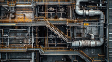 Poster - A detailed view of industrial steel pipelines, valves, cables, and walkways in a complex factory setting, emphasizing modern industrial architecture.