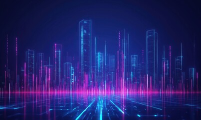 Poster - futuristic city skyline with neon lights and digital elements, showcasing vibrant pink and blue colo