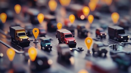 Poster - A digital network of transportation systems with trucks and GPS pins, representing the advanced technology behind fleet management and smart logistics.
