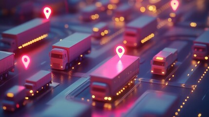 Poster - A digital network of transportation systems with trucks and GPS pins, representing the advanced technology behind fleet management and smart logistics.