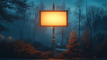 Wall Mural - Mysterious Illuminated Signpost in a Foggy Night Park