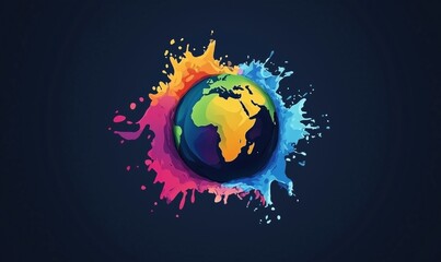 Poster - Colorful Earth illustration with vibrant splashes representing continents and oceans, artistic design showcasing global unity and diversity