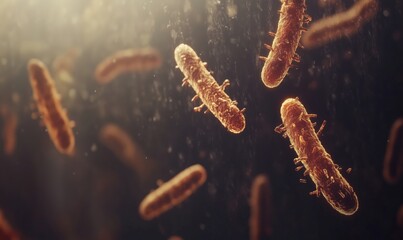 Poster - Bacteria in Microscopic View, Glowing and Floating in Dark Environment, Detailed Structure and Texture of Microorganisms