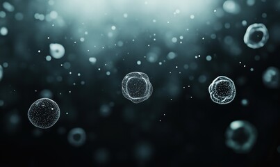Poster - Microscopic view of floating cells in dark background, showcasing cellular structures and biological activity