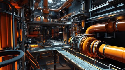 Poster - A dynamic view of industrial steel pipelines, valves, and cables, with walkways in a manufacturing plant, highlighting the industrial layout.