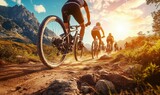 Mountain biking adventure at sunset with cyclists riding on dirt trail surrounded by stunning mountain landscape