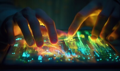 Poster - futuristic digital interface interaction with glowing data visualization, hands manipulating vibrant