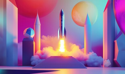 Poster - Rocket launch in vibrant surreal landscape with geometric shapes and celestial bodies, showcasing a futuristic scene of exploration and adventure