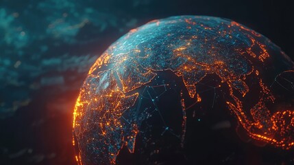 Poster - A futuristic digital globe with interconnected telecommunication lines, representing the evolution of global connectivity and data sharing.