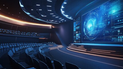 Poster - A futuristic design of a digital lecture hall, highlighting engagement through large display panels and immersive learning technology.