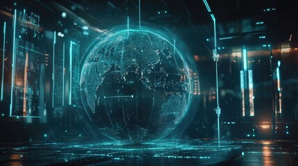 Poster - A futuristic digital globe with interconnected telecommunication lines, representing the evolution of global connectivity and data sharing.