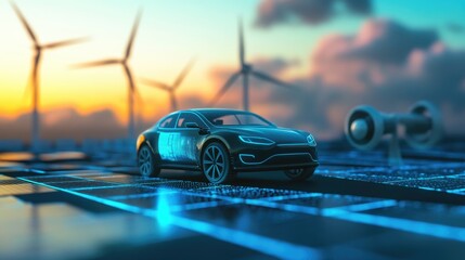 Aufkleber - A futuristic electric vehicle driving past a landscape of wind turbines and solar panels, illustrating the path to a greener future.