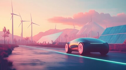 Aufkleber - A futuristic electric vehicle driving past a landscape of wind turbines and solar panels, illustrating the path to a greener future.