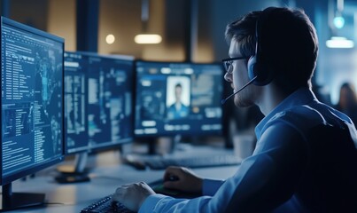 Poster - cybersecurity analyst monitoring multiple screens in high-tech control room, analyzing data and resp