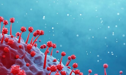 Poster - Microscopic view of virus structure showcasing red spikes on surface, blue background, illustrating viral infection and cellular interaction