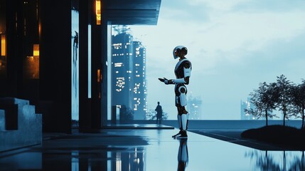 Poster - A futuristic scene where a person talks to a robotic AI, representing the intersection of human interaction and cutting-edge AI technology.