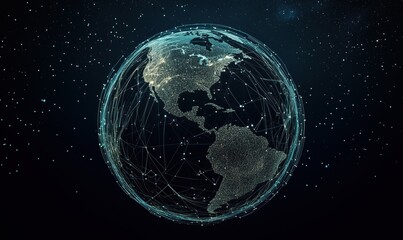 Poster - Global Network Connectivity Visualization with North and South America Highlighted, Digital Earth Representation with Starry Background