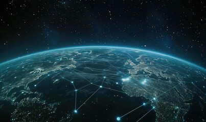 Poster - Global Connectivity Network Visualization Over Earth at Night with Bright City Lights and Data Connections