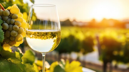 Poster - A glass of chilled white wine set against a scenic vineyard backdrop, capturing the elegance of a vineyard landscape on a sunny day.