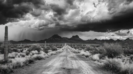 Poster - A dramatic black-and-white landscape featuring a dirt road leading towards mountains under stormy skies.