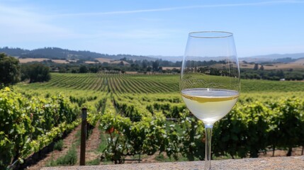 Poster - A glass of chilled white wine set against a scenic vineyard backdrop, capturing the elegance of a vineyard landscape on a sunny day.