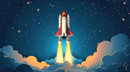 Poster - Rocket takes off in the starry sky. Spaceship begins the mission. Space shuttle taking off on a mission.