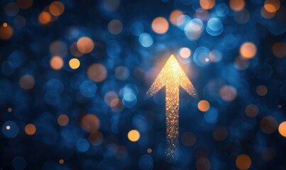 Poster - Glittering upward arrow symbolizing growth and progress against a vibrant blue bokeh background with golden lights