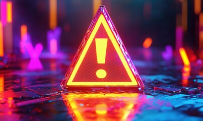 Poster - Warning sign illuminated in vibrant neon colors, reflecting on a glossy surface, creating a futuristic and digital atmosphere