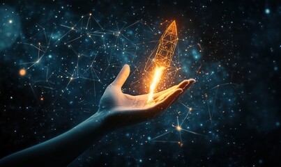 Poster - Hand Holding Glowing Rocket in Cosmic Space, Symbolizing Innovation and Aspiration, Futuristic Technology Concept