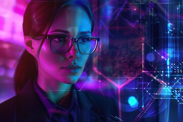 Poster - Woman in glasses, futuristic tech backdrop