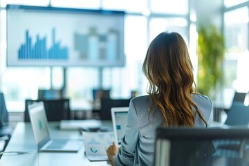 Poster - Businesswoman reviewing data on laptop and presentation screen.
