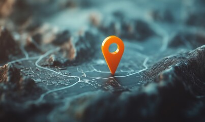 Poster - 3D Map with Orange Location Pin Highlighting Specific Area in Mountainous Terrain
