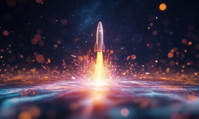 Poster - Rocket launch into space with vibrant flames and cosmic background, showcasing technological advancement and exploration