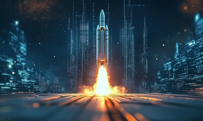 Poster - Rocket launch against futuristic city skyline, vibrant flames and smoke, advanced technology backdrop, space exploration theme