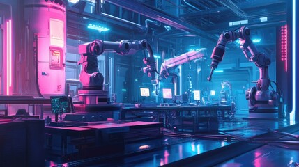 Poster - A high-tech factory floor with robotic arms in action, demonstrating the power of automation and modern industrial technology.
