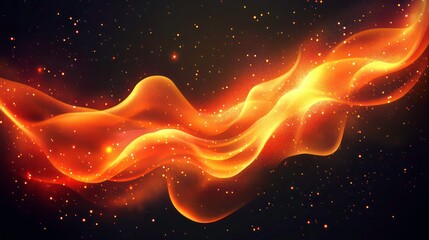 Poster - Fire sparks floating upward on dark background. Glowing orange embers with bright red streaks. Hot backdrop with burning particles and smoke elements with light effect. Realistic vector flame bg