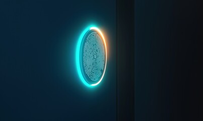 Poster - Futuristic glowing circular pattern on dark wall, intricate design with neon blue and orange accents, modern technology aesthetic