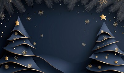 Poster - Elegant Christmas Trees with Gold Accents and Snowflakes on Dark Blue Background, Festive Holiday Decoration