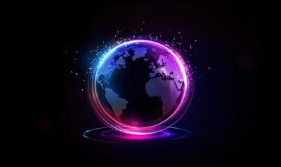 Poster - Glowing Earth Globe with Neon Lights and Digital Patterns, Vibrant Colors, Abstract Representation of Global Connectivity and Technology