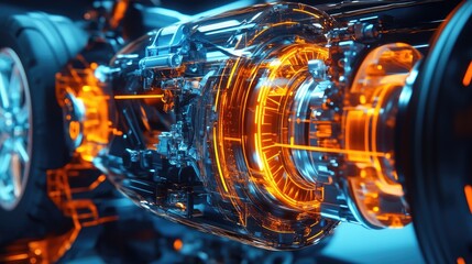 Poster - A holographic visualization of a vehicle's braking system, showcasing intricate internal components and complex engineering, in vivid detail.