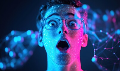 Poster - Surprised young man with glowing digital network overlay, showcasing technology and innovation in modern communication