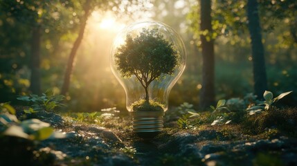 Poster - A light bulb with a tree growing inside, symbolizing eco-friendly innovation and sustainability, surrounded by sunlight and green plants in a forest.